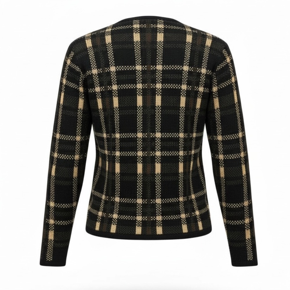 Liz Baker Vintage Black & Tan Plaid Cardigan Sweater Medium - Picture 2 of 3
